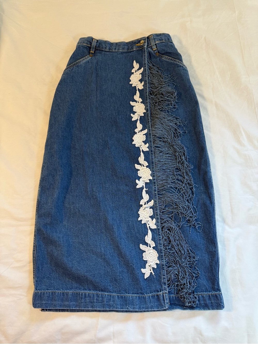 Denim Midi Wrap Skirt with White Lace Trim and Fringe Size 6